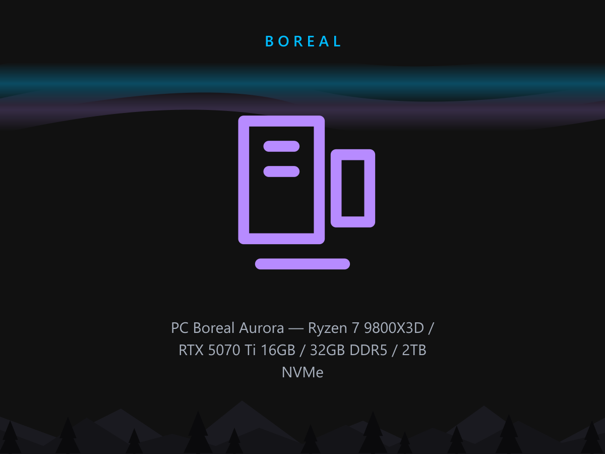 PC Boreal Aurora — Ryzen 7 9800X3D / RTX 5070 Ti 16GB / 32GB DDR5 / 2TB NVMe