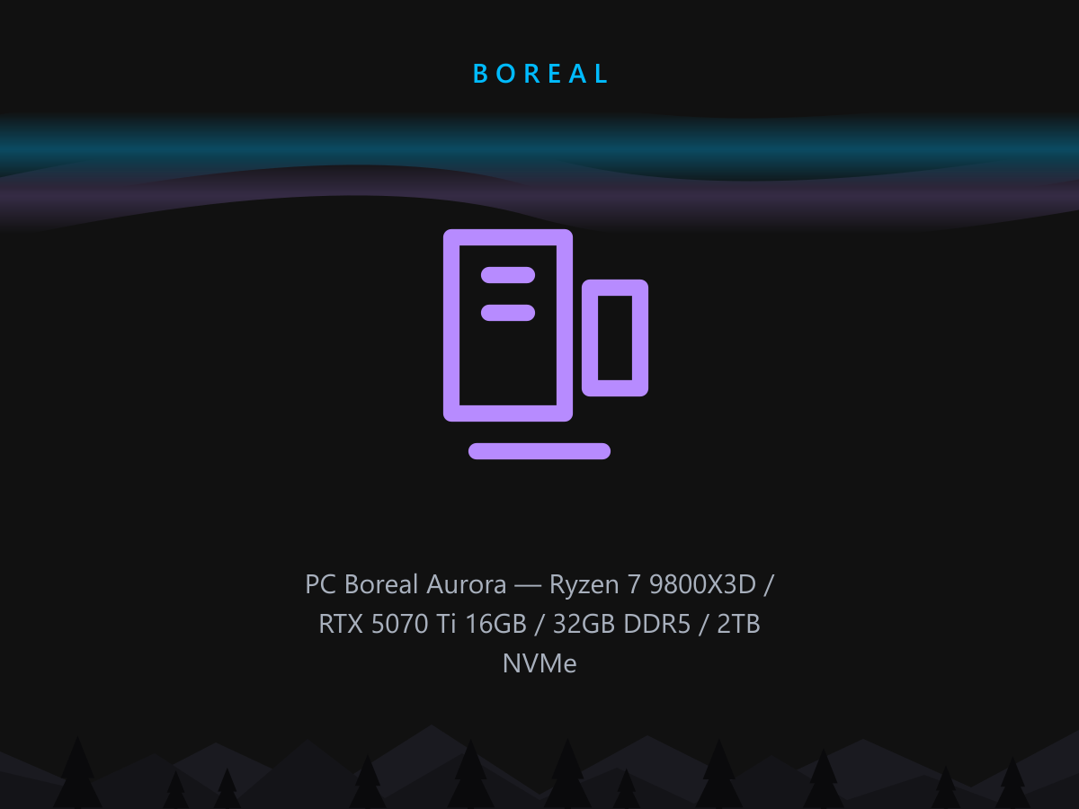 PC Boreal Aurora — Ryzen 7 9800X3D / RTX 5070 Ti 16GB / 32GB DDR5 / 2TB NVMe