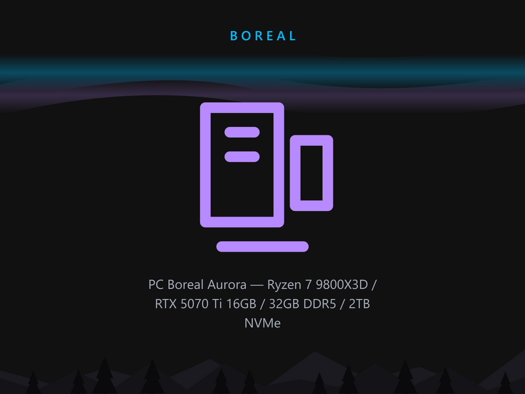 PC Boreal Aurora — Ryzen 7 9800X3D / RTX 5070 Ti 16GB / 32GB DDR5 / 2TB NVMe